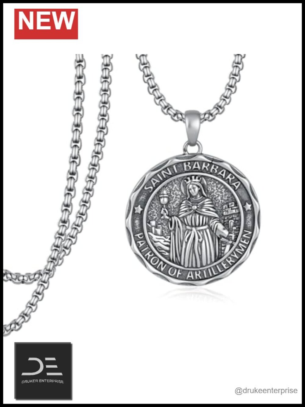 Sterling Silver Saint Barbara Medal Pendant Necklace Christian Jewelry Gift